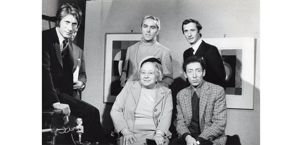 Jack Clemente with Sonia Delaunay, Jacques Dutronc and Osvaldo Patani on the set of Emission Quatre Temps, Paris