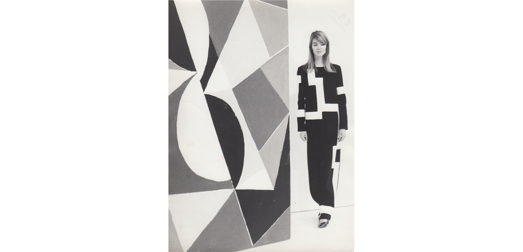 Françoise Hardy on the set of Emission Quatre Temps, dress designed by Sonia Delaunay made by Marc Bohan, scenography by Sonia Delaunay, Paris